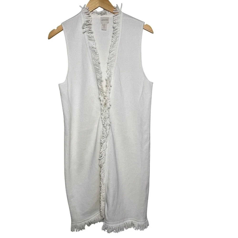 Chico's‎ Size 0 Small Duster Sleeveless Open Front Cream White Fringe Long BOHO